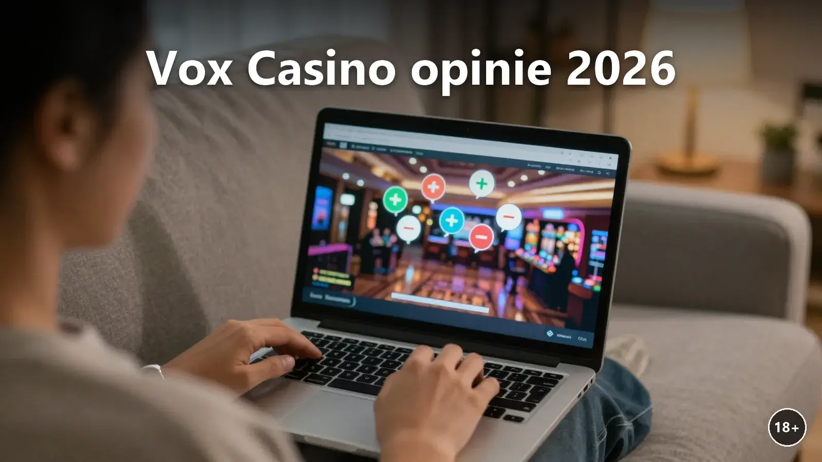 Gracz przegląda opinie o kasynie online na laptopie wieczorem